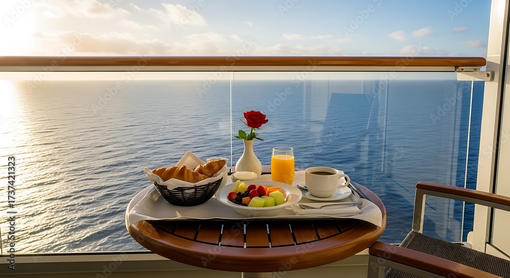 Obraz premium Breakfast with a View - Ocean Balcony Dining Experience.