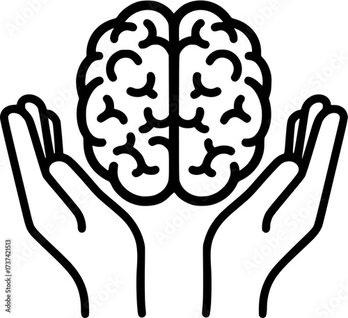 Brain health care and mental wellness concept with hands holding brain line art illustration
