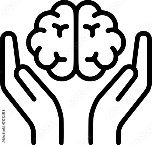 Brain health care and mental wellness concept with hands holding brain line art illustration
