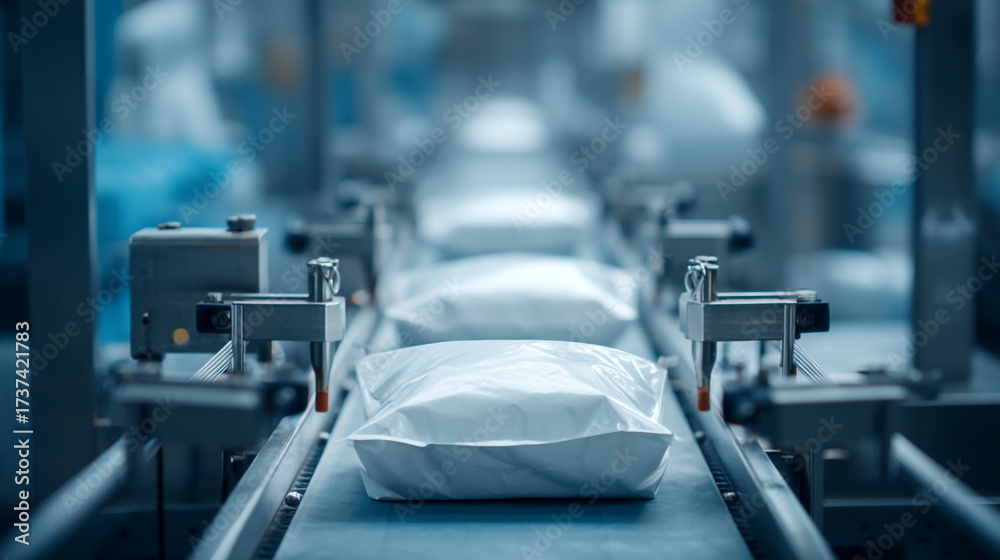 Fototapeta premium White packages moving along a conveyor belt in a clean and automated industrial setting