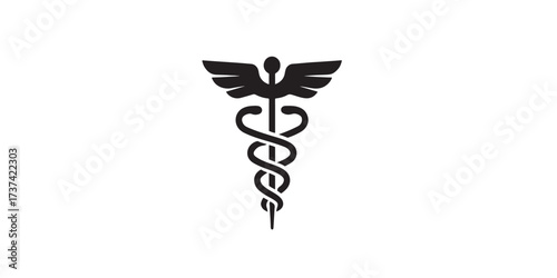 Print   Modern Caduceus Health Symbol Vector – Minimal Medical Emblem with Stylized Wings and Serpents in Clean Geometric Design, Isolated on White Background