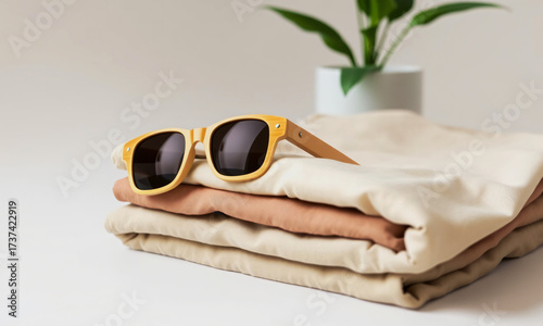Minimalist still life_ folded neutral-toned clothes with bamboo sunglasses  Generative AI