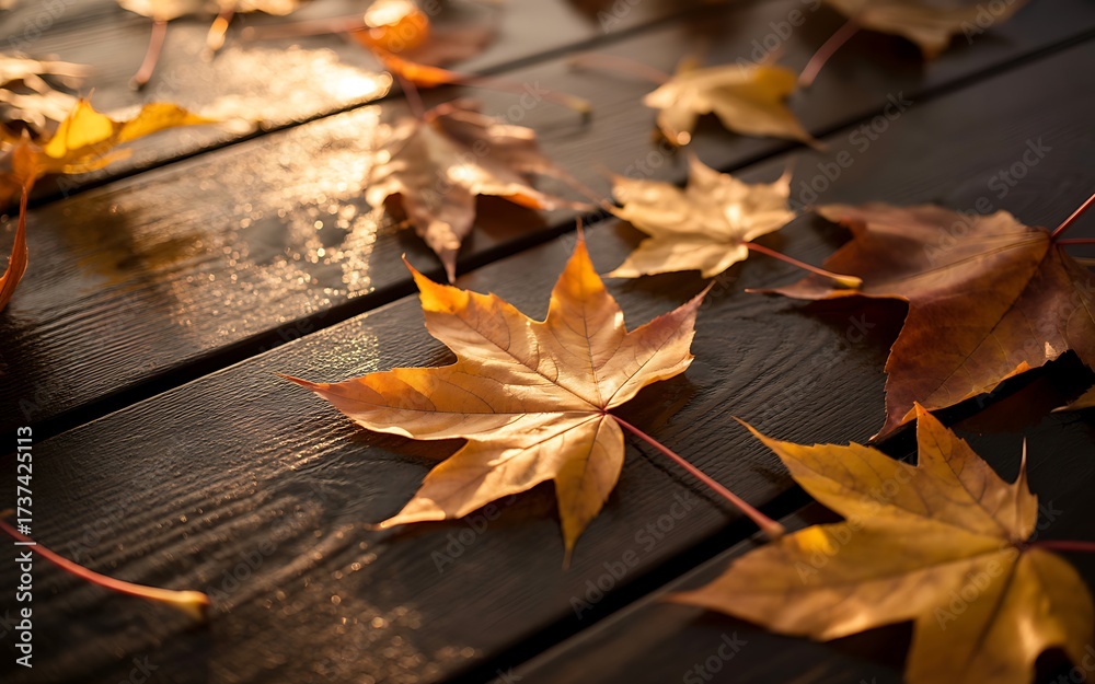 Obraz premium Autumn leaves resting on weathered wooden planks in sunlight