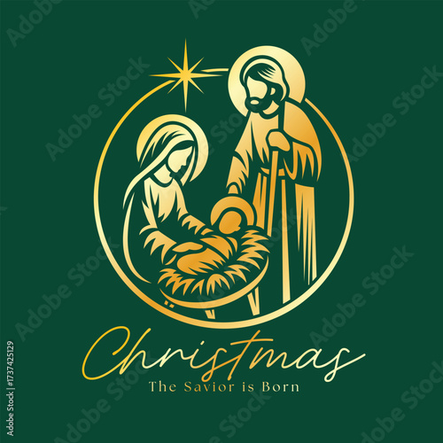 Christmas, the savior is born - Gold The Nativity with mary and joseph in a manger with baby Jesus and stars light in circle line dark green background vector design