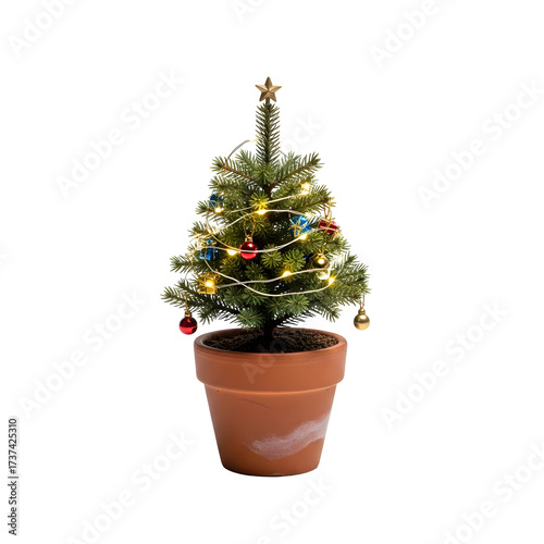Small decorated Christmas tree in a terra cotta pot with warm lights and baubles, perfect for a festive winter holiday season