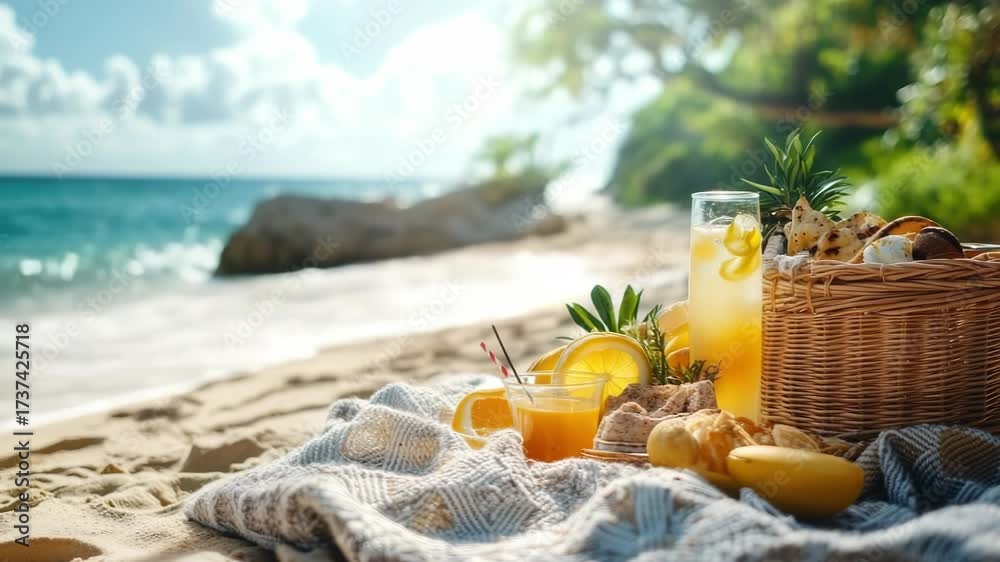 Tranquil summer picnic on a sandy beach with a wicker basket of ripe fruit and a chilled glass of orange juice beside gentle ocean waves under a sunny sky