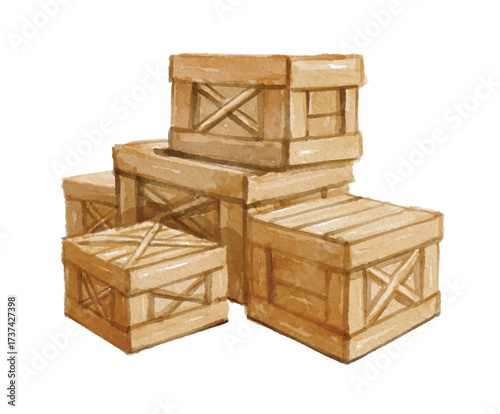 Watercolor wooden box isolated on white background