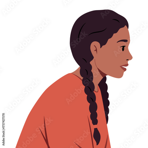 Young woman with dark braids, looking forward and talking. Casual female portrait for communication and everyday life concepts.