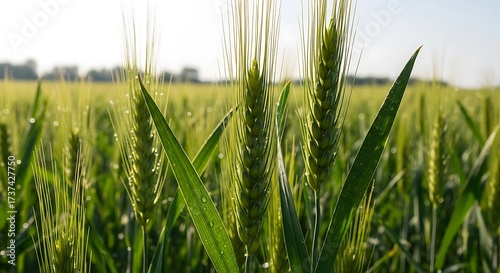 Fototapeta Naklejka Na Ścianę i Meble -  Close up of green wheat field with sunlit stalks.