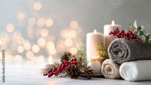 Christmas spa towels with candles, berries and pinecones, festive bokeh lights background, close-up, copy space