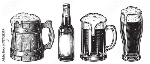 Vintage Beer Mugs and Bottles Engraving Set Craft Brew Alcohol Beverages in Woodcut Style Illustration