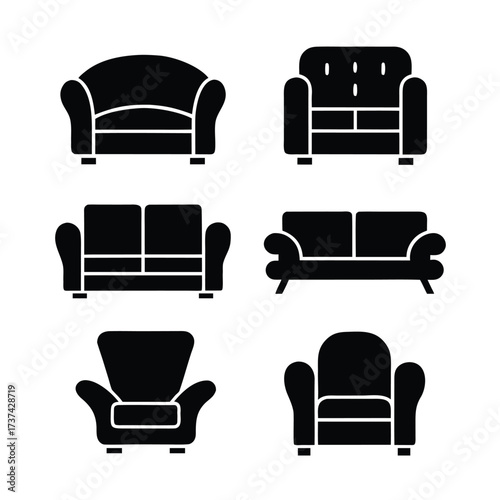 Six black silhouette icons of sofas and armchairs on a white background couch furniture
