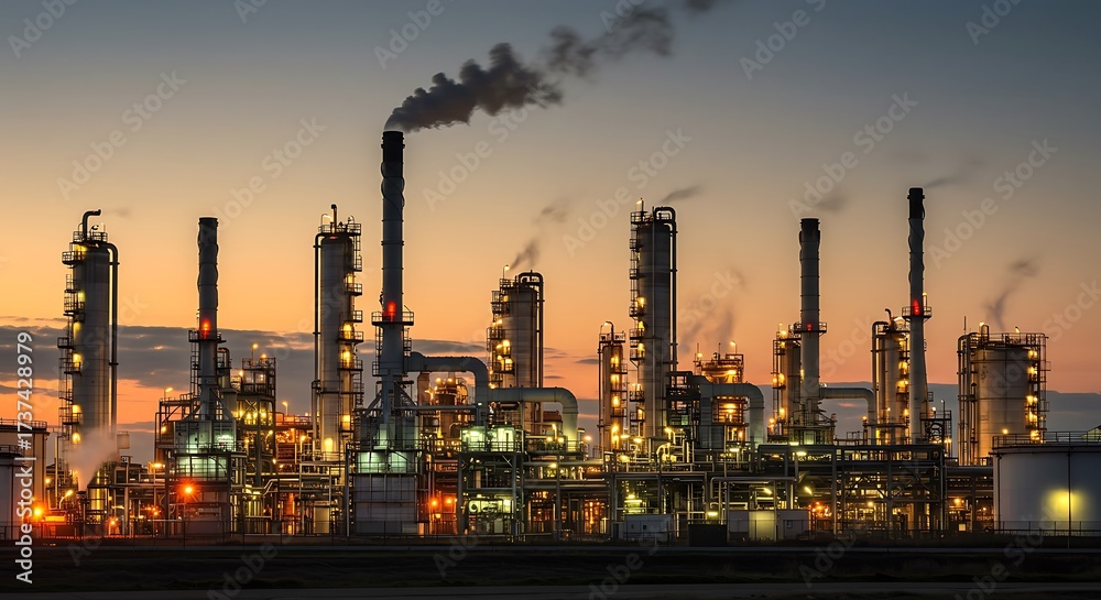 Fototapeta premium Industrial Factory with Tall Chimneys Emitting Smoke at Sunset