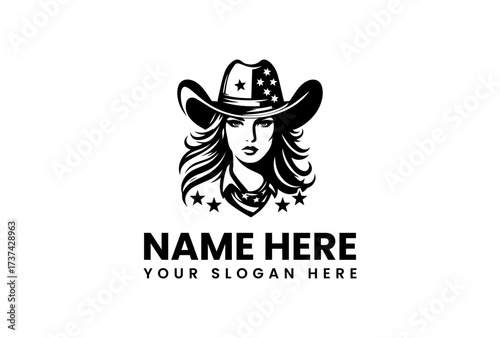 Black and White Cowgirl Portrait with StarStudded Hat and Bandana.