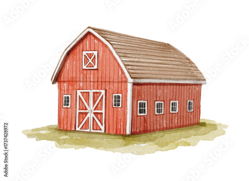 Watercolor red barn isolated on white background