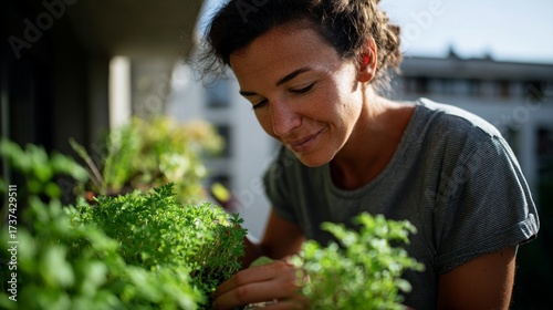 A person planting herbs in a box planter on a balcony.