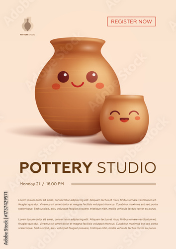 Pottery workshop advertising vector poster design template. Hand made ceramics, clay crockery cartoon 3d illustration. Pottery lesson, ceramic studio, hobby master class invitation layout