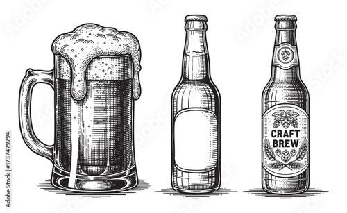 Vintage Beer Mugs and Bottles Engraving Set Craft Brew Alcohol Beverages in Woodcut Style Illustration
