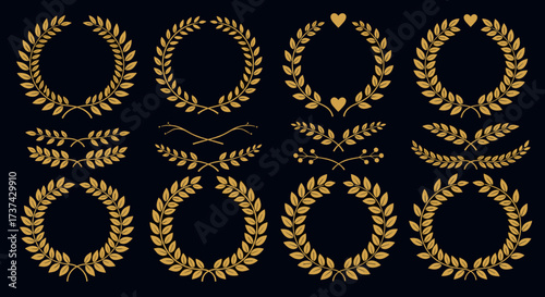A collection of golden laurel wreaths and decorative elements for award and recognition designs.