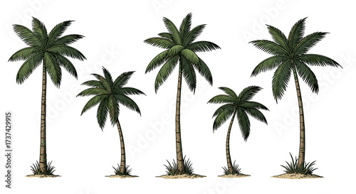 A collection of five illustrated palm trees on a white background.