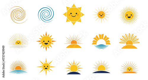 Collection of stylized sun and weather icons representing various atmospheric phenomena and moods.