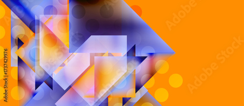 Abstract geometric composition. Orange background contrasts purple, blue shapes. Arrows suggest direction, movement, depth. Circles add visual texture.