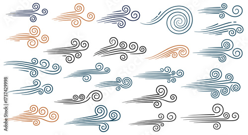A collection of stylized representations of wind and air currents in various abstract designs.