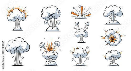 Collection of stylized explosion and blast comic book style graphics.