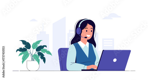 A friendly customer service representative wearing a headset works on her laptop in a modern office environment with a potted plant and city buildings in the background.