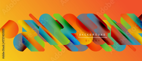 Abstract vibrant rectangles overlap, creating dynamic visual flow. Orange, blue, green hues dominate composition. Text reads background design.