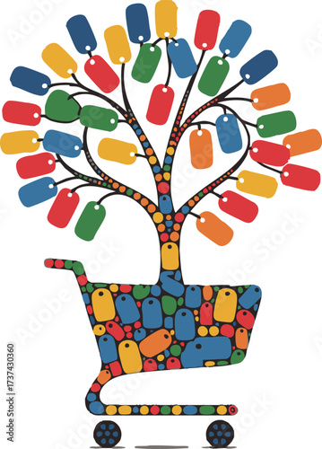 Shopping Cart Tree with Colorful Tags, Symbolizing Growth and Commerce for Black Friday, 2025 