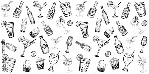Hand drawn black and white sketch pattern of various cocktails and bottles on a white background