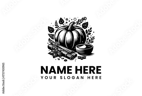 Detailed Black and White Illustration of Pumpkin Spices and Bowl.