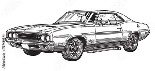 Classic American Muscle Car Engraving Vintage Coupe Automobile in Detailed Hand Drawn Sketch Style

