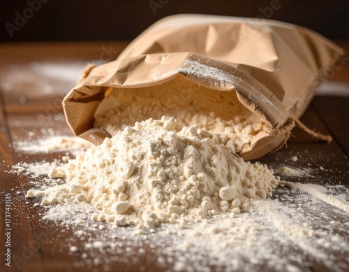 Close-up of a spilled bag of flour