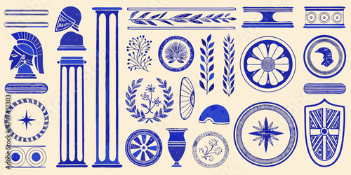 Collection of ancient greek and roman decorative elements in blue ink on a cream background