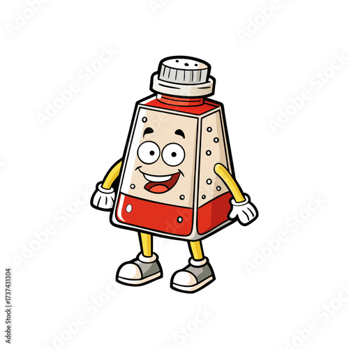 Cartoon salt shaker character with happy expression on white background smiling