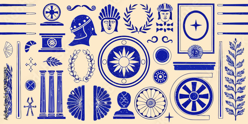 Collection of ancient greek and roman symbols and ornaments in blue on a beige background