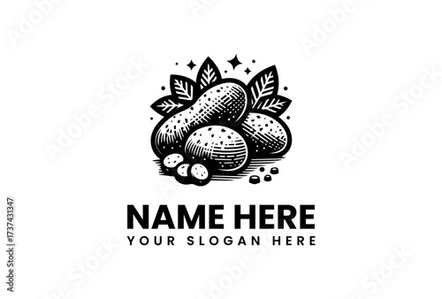 Detailed Black and White Peanut Logo with Leaves and Stars Design.