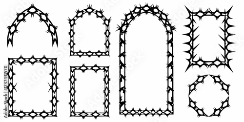 Collection of ornate black gothic frames and arches with sharp spiky decorative elements on a white background