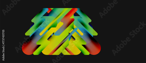 Abstract colorful shapes overlap, creating dynamic visual effect. Bright hues blend, forming complex composition against dark background.