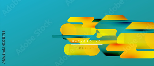 Abstract geometric shapes overlap turquoise backdrop. Yellow, orange hues create dynamic visual effect. Modern design element.