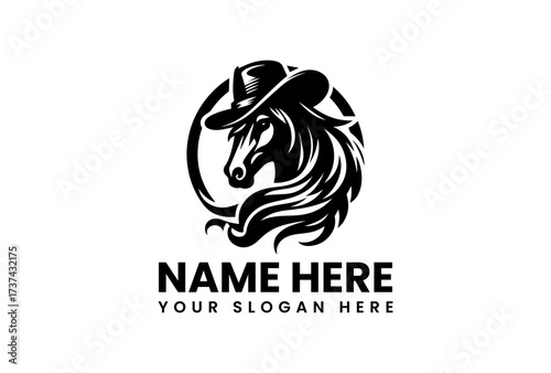 Elegant Black Horse Head with Cowboy Hat and Flowing Mane in Circular Frame.