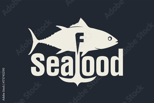 Vector sign with anchor and tuna fish. Seafood. Logo, menu, label for restaurant, cafe. Fish store, market signboard. No ai used