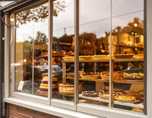 Rainy day outside a cozy bakery
