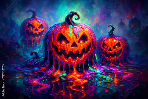 Neon-colored melting halloween jack-o-lanterns with dripping paint and vivid psychedelic colors
