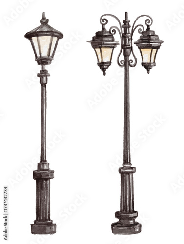 Hand painted watercolor street lamp isolated