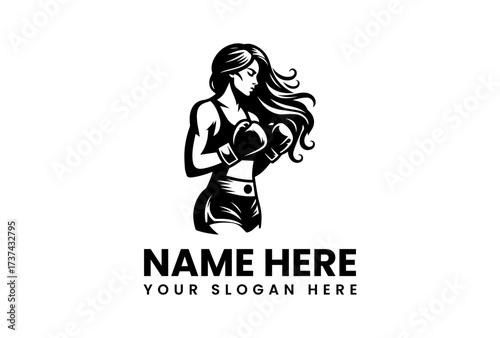 Fierce Female Boxer with Flowing Hair and Boxing Gloves in Stance.