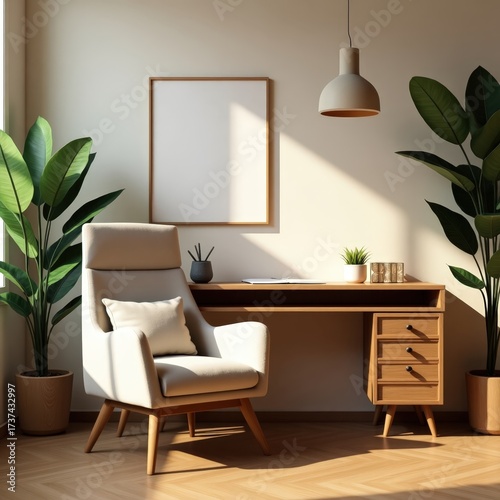 Home office setup with a cozy chair, wood textures, and neutral color palette under soft light