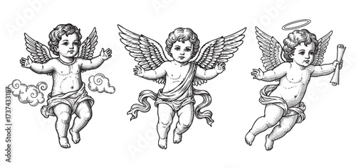 Flying Cherub Cupid or Angel set Engraving  Illustration in Woodcut Style
